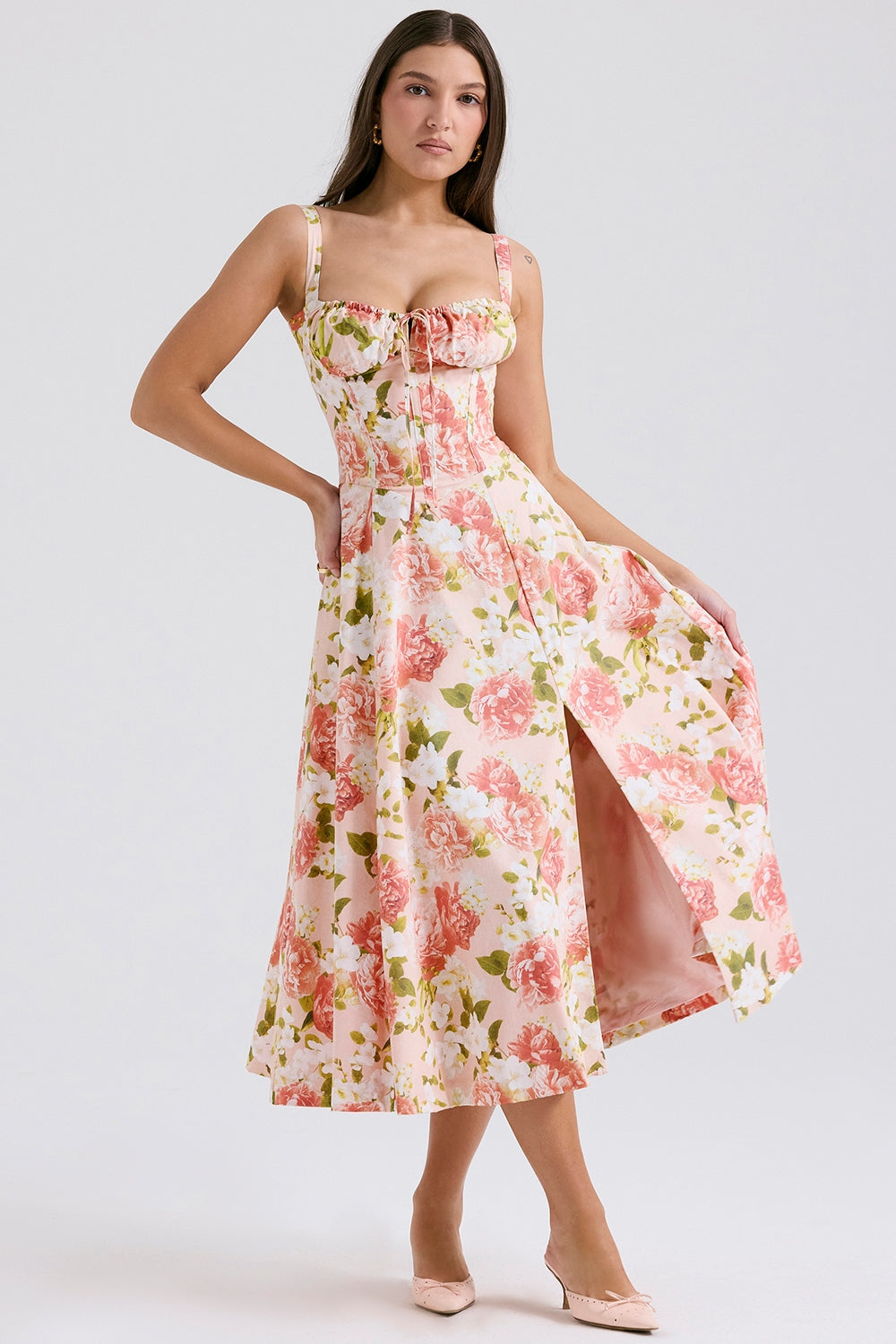 Pink Peony Floral Lace-Up Back Midi Dress with Side Split for Casual Wear