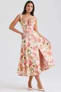 Pink Peony Floral Lace-Up Back Midi Dress with Side Split for Casual Wear