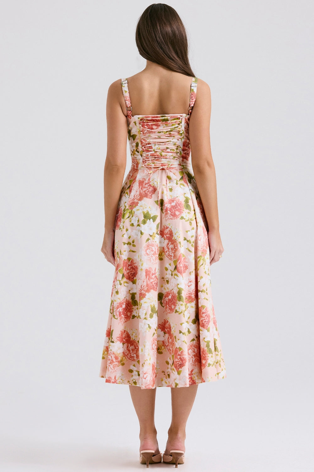 Pink Peony Floral Lace-Up Back Midi Dress with Side Split for Casual Wear