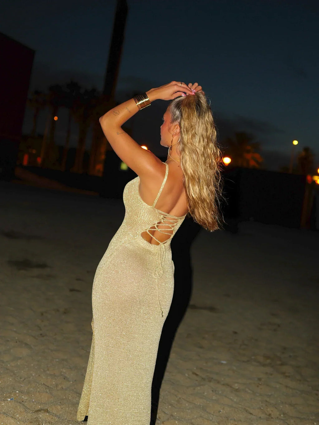 Metallic Knit Maxi Dress with Lace-Up Back and Thigh-High Slit for Evening Wear