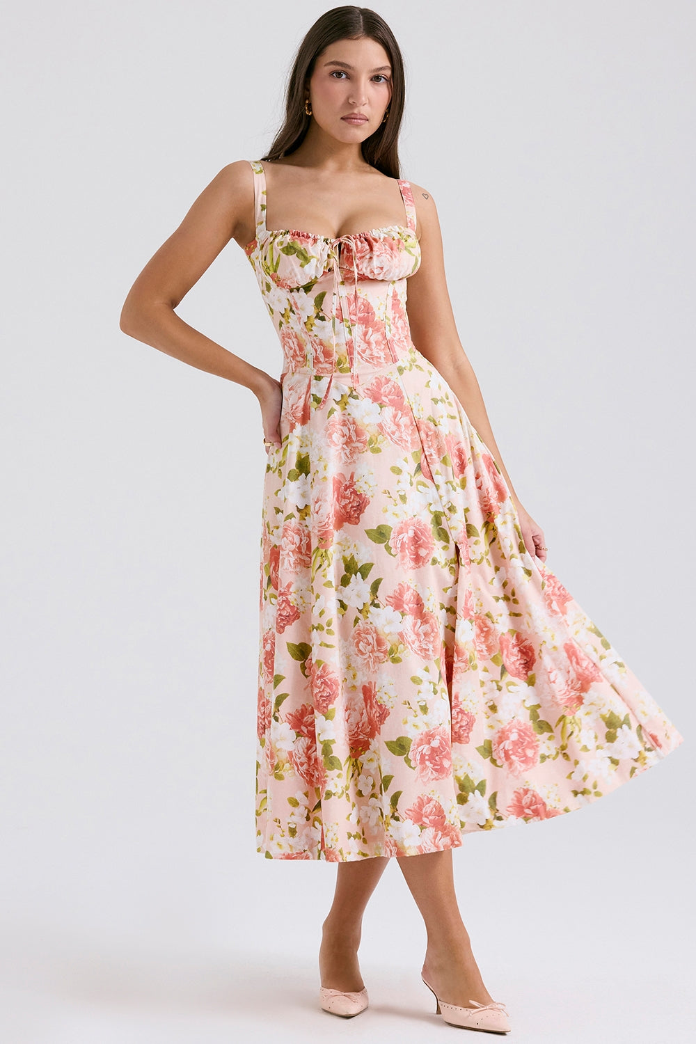 Pink Peony Floral Lace-Up Back Midi Dress with Side Split for Casual Wear