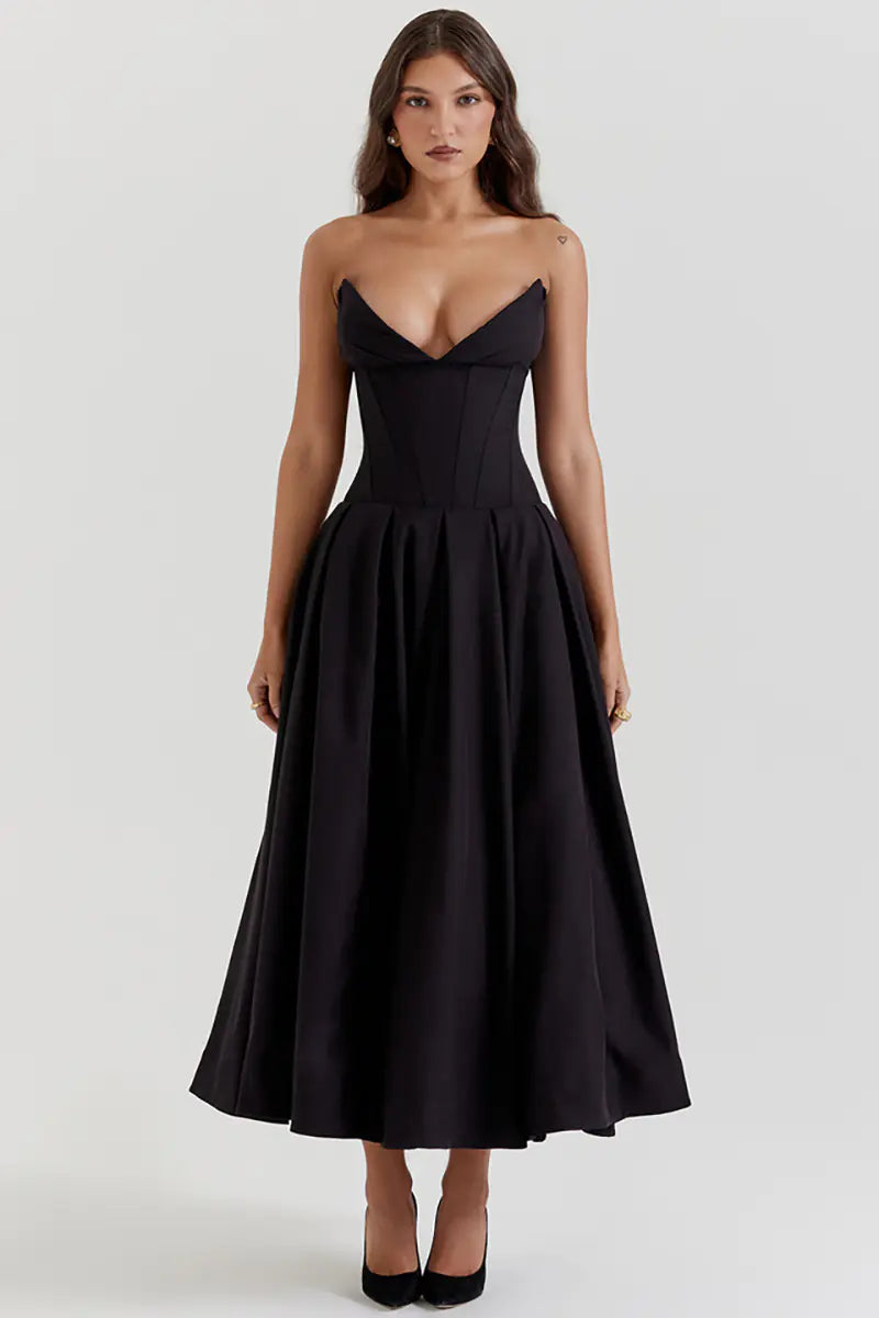 Pleated Boned Corset Midi Dress | Romantic Silhouette for Special Occasions