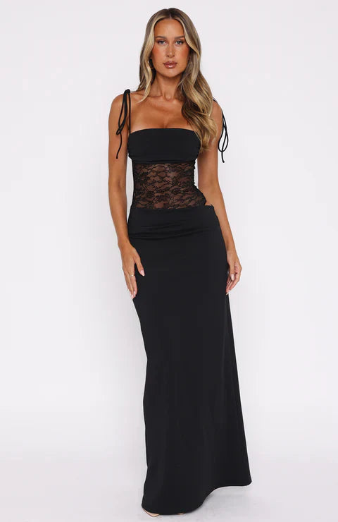 Square Neck Lace Detail Maxi Dress | Sculpting Fit for Formal Events