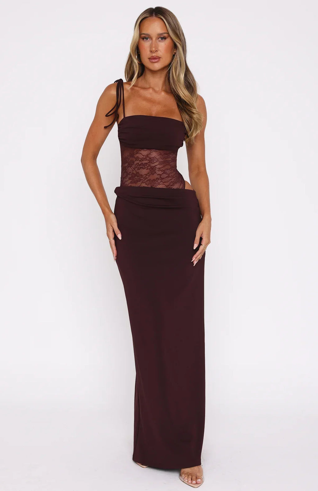 Sheer Lace Cut-Out Maxi Dress with Bodice Detail for Formal Events