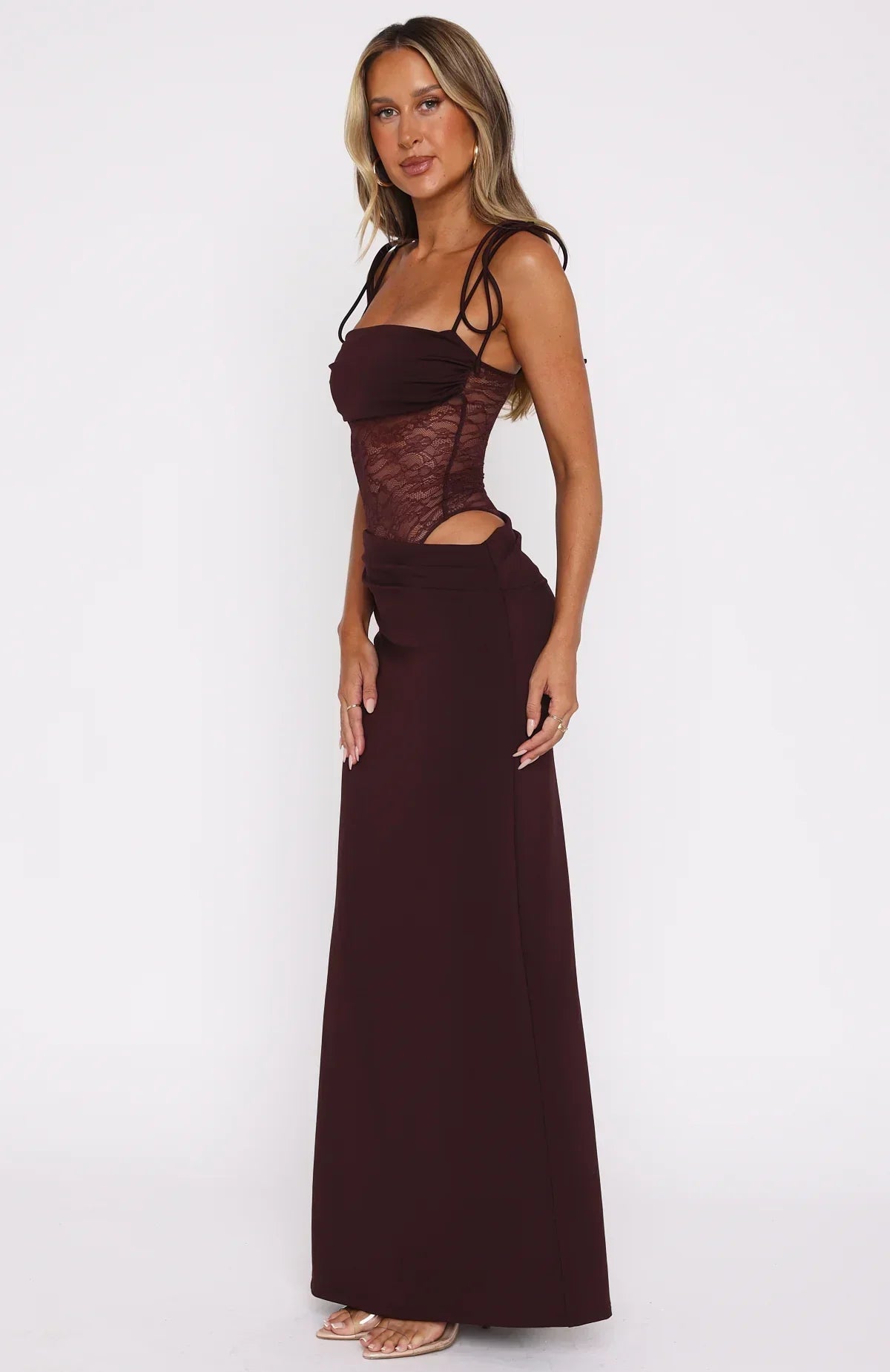 Sheer Lace Cut-Out Maxi Dress with Bodice Detail for Formal Events