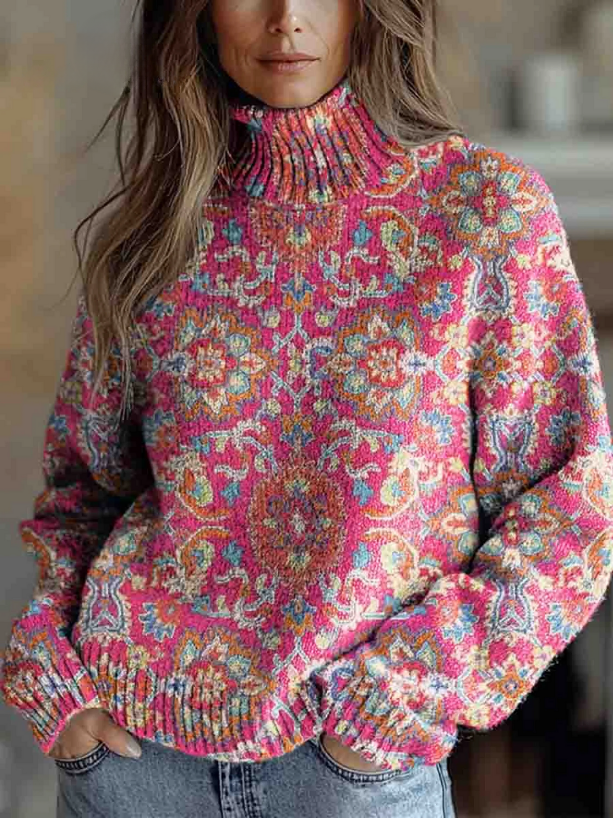 Retro Ethnic Floral Turtleneck