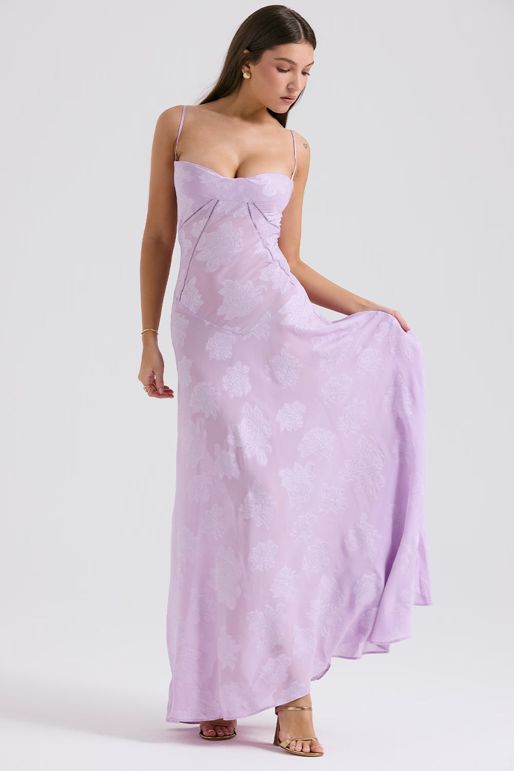 Floral Jacquard Lace-Up Maxi Dress for Women - Elegant Evening Wear