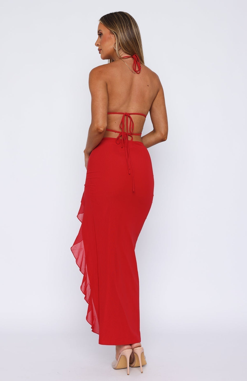 Plunge Neck Ruffled Maxi Dress with Thigh-High Slit for Evening Wear