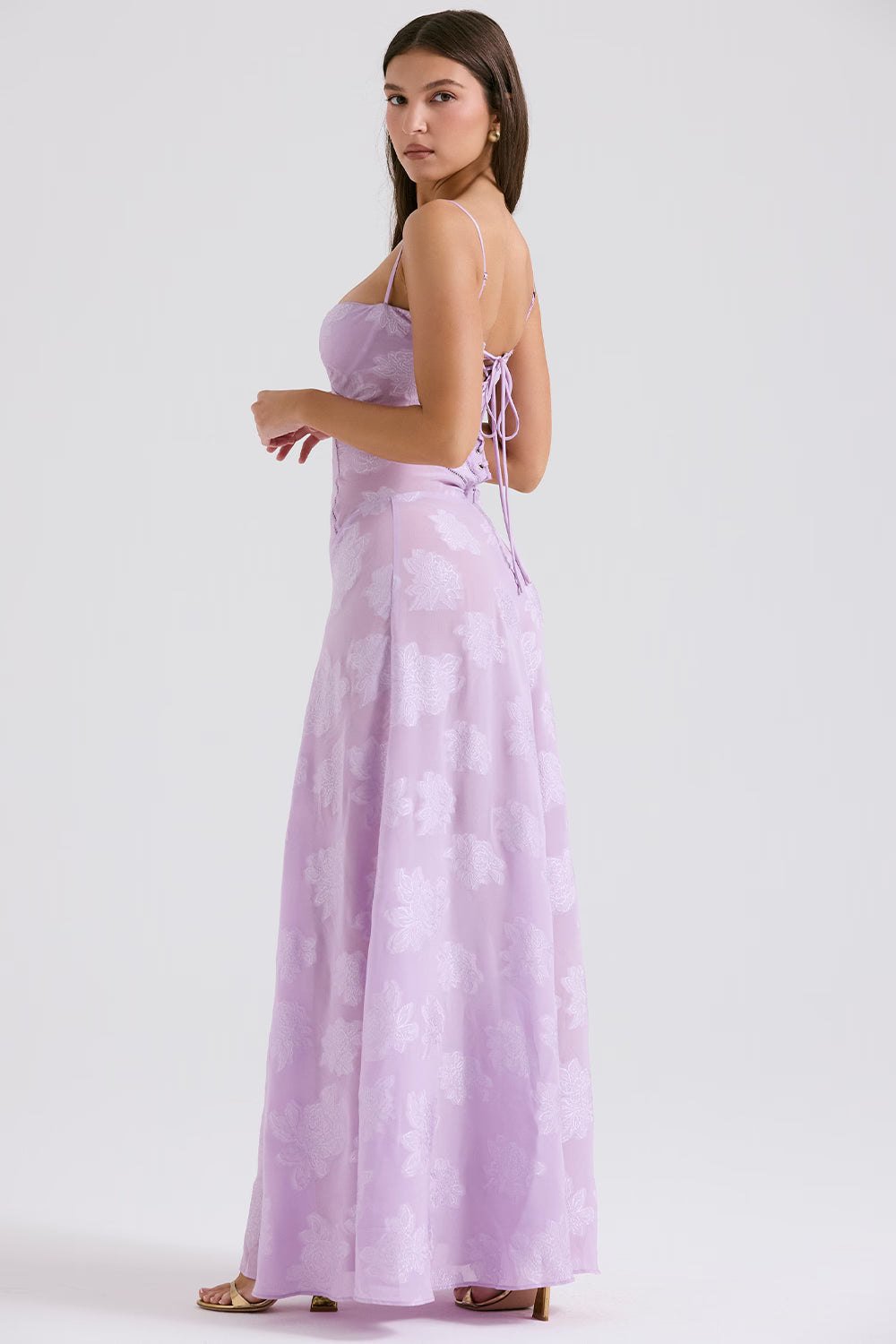 Floral Jacquard Lace-Up Maxi Dress for Women - Elegant Evening Wear