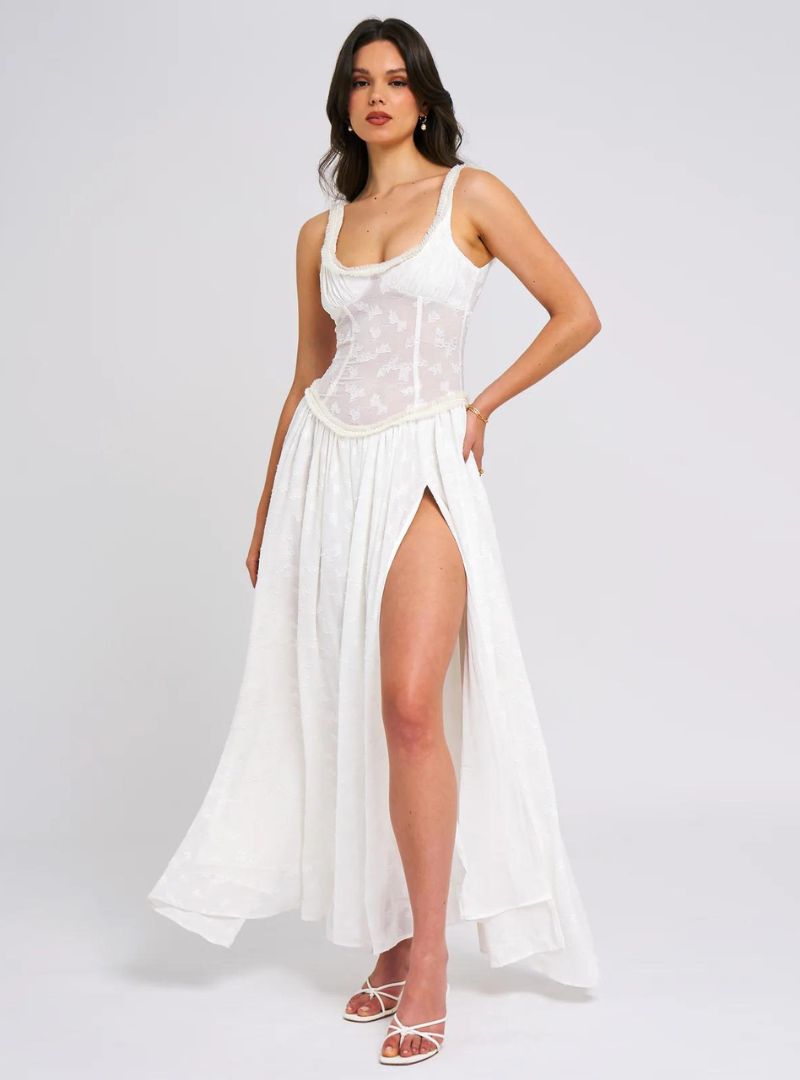 Floral Ruched Maxi Dress with High Slit - Ethereal Style for Special Occasions