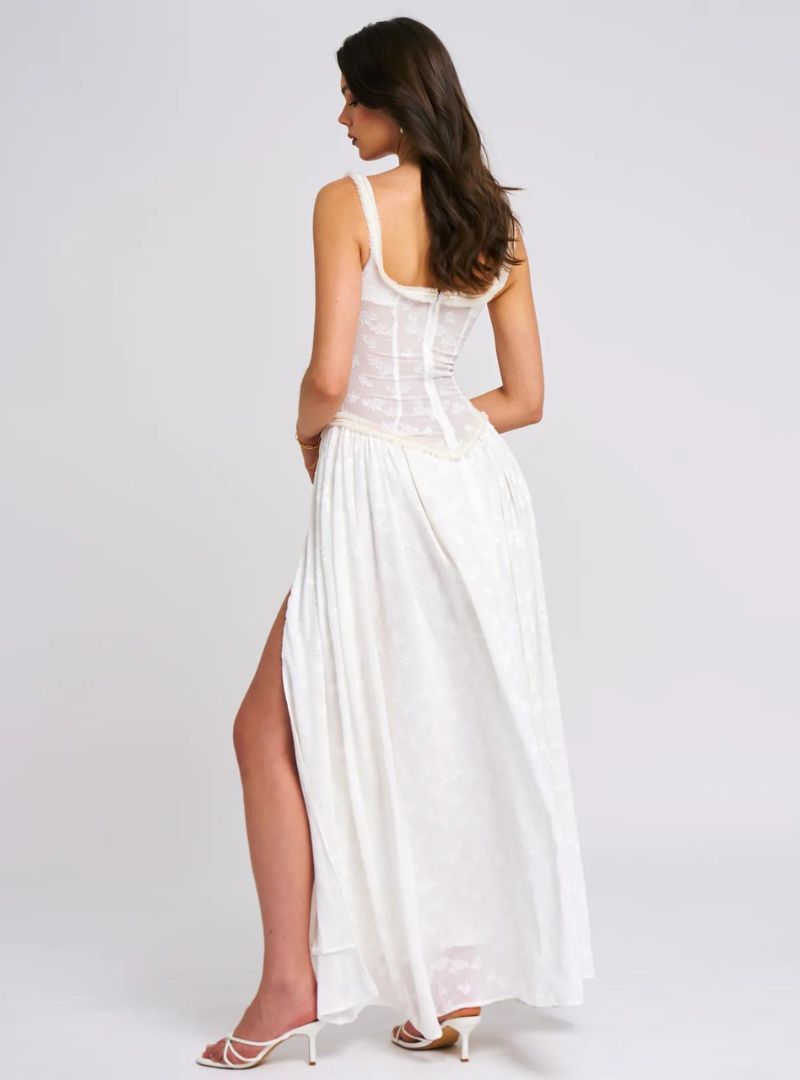 Ethereal Floral Maxi Dress with Ruched Detail and High Slit for Special Occasions