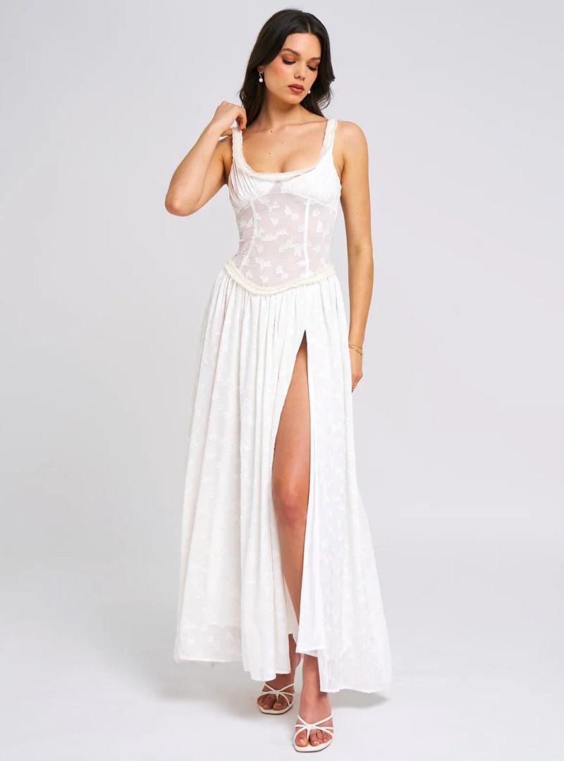 Floral Ruched Maxi Dress with High Slit - Ethereal Style for Special Occasions