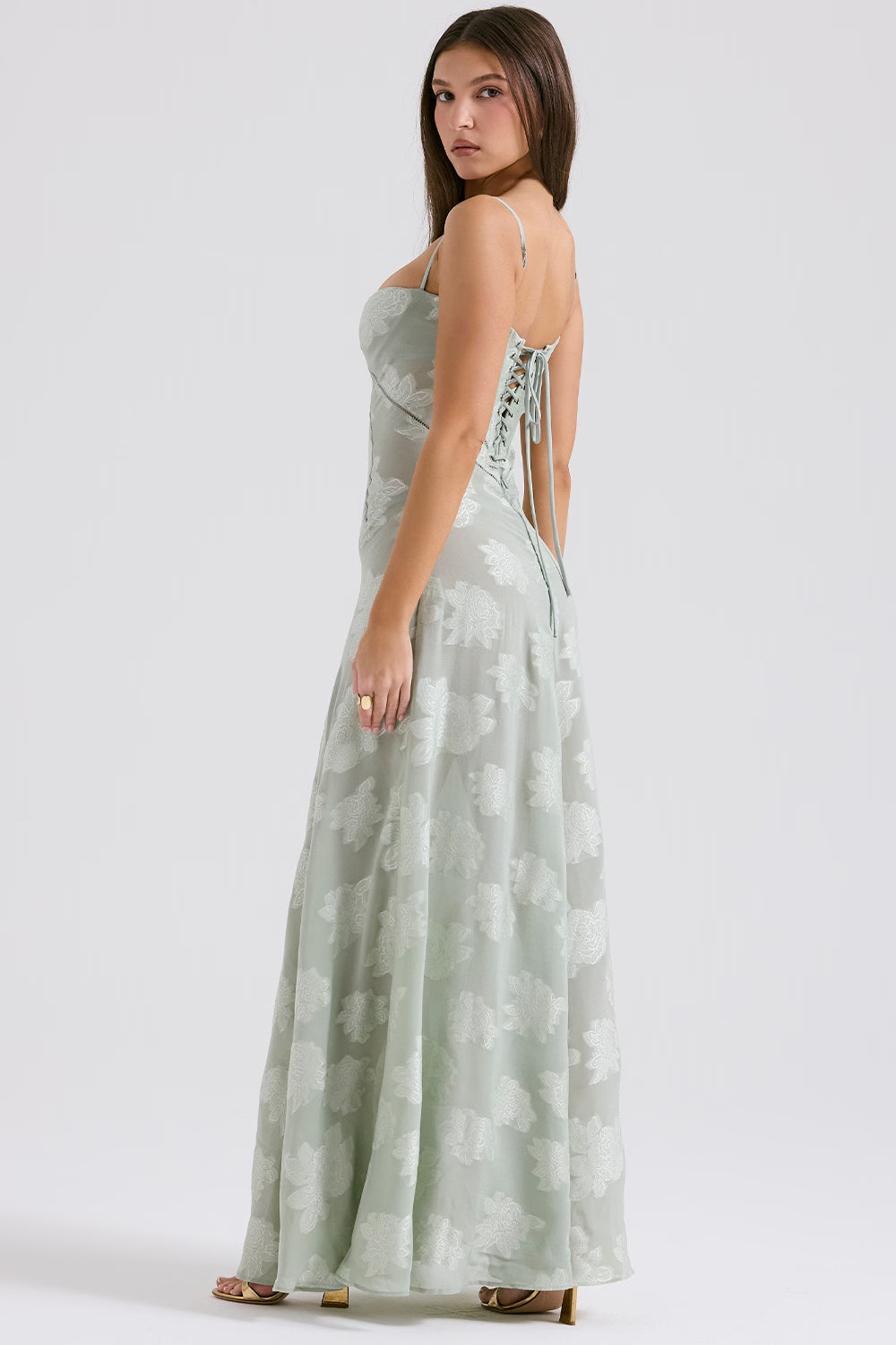 Floral Jacquard Lace-Up Maxi Dress for Women - Elegant Evening Wear
