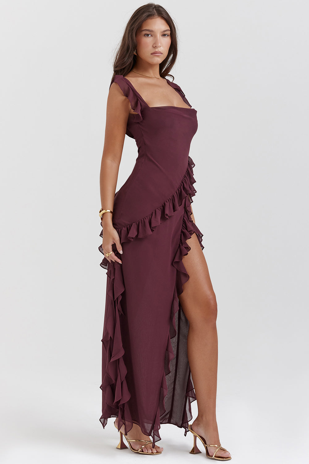 Square Neck Ruffle Side Maxi Dress with Thigh-High Slit for Evening Wear