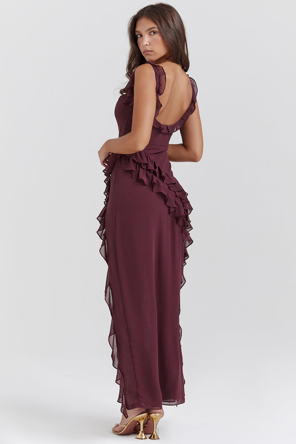 Square Neck Ruffle Side Maxi Dress with Thigh-High Slit for Evening Wear