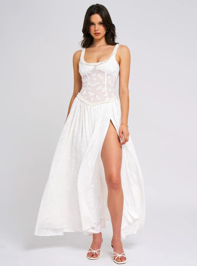 Floral Ruched Maxi Dress with High Slit - Ethereal Style for Special Occasions
