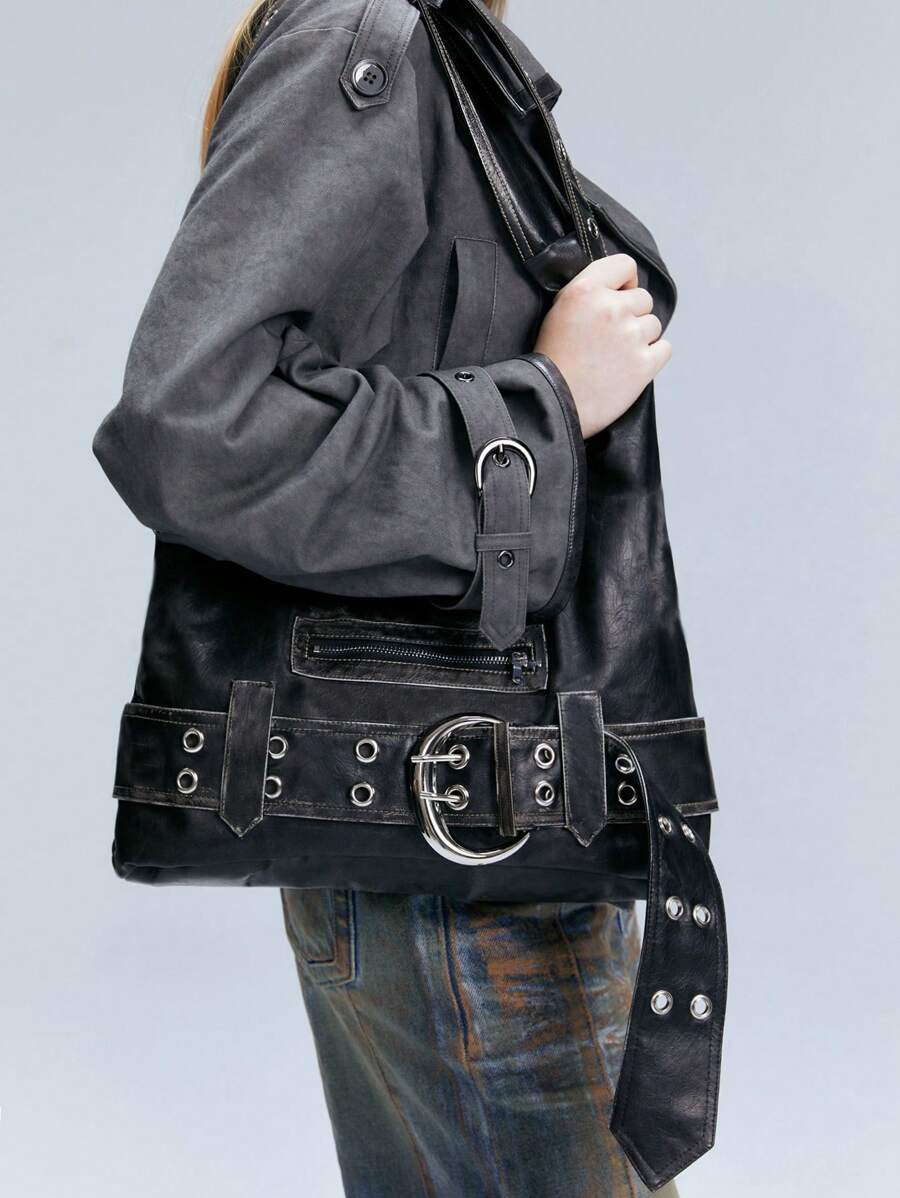 Distressed Buckle Hobo Bag - Luxe Faux Leather Handbag for Everyday Use
