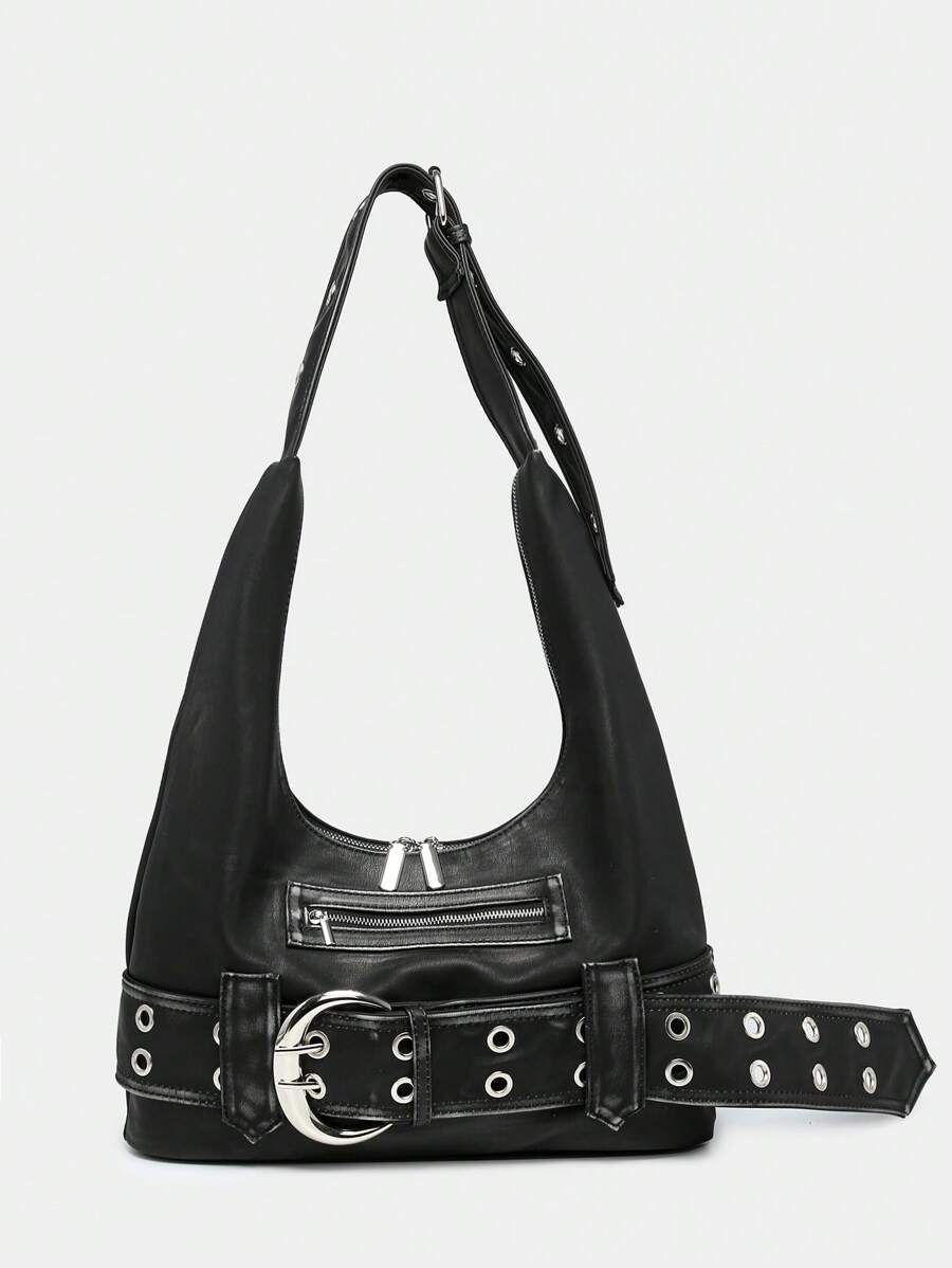 Distressed Buckle Hobo Bag - Luxe Faux Leather Handbag for Everyday Use
