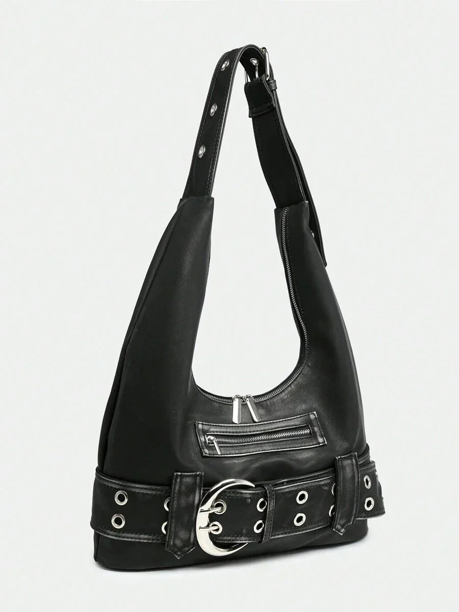 Distressed Buckle Hobo Bag - Luxe Faux Leather Handbag for Everyday Use