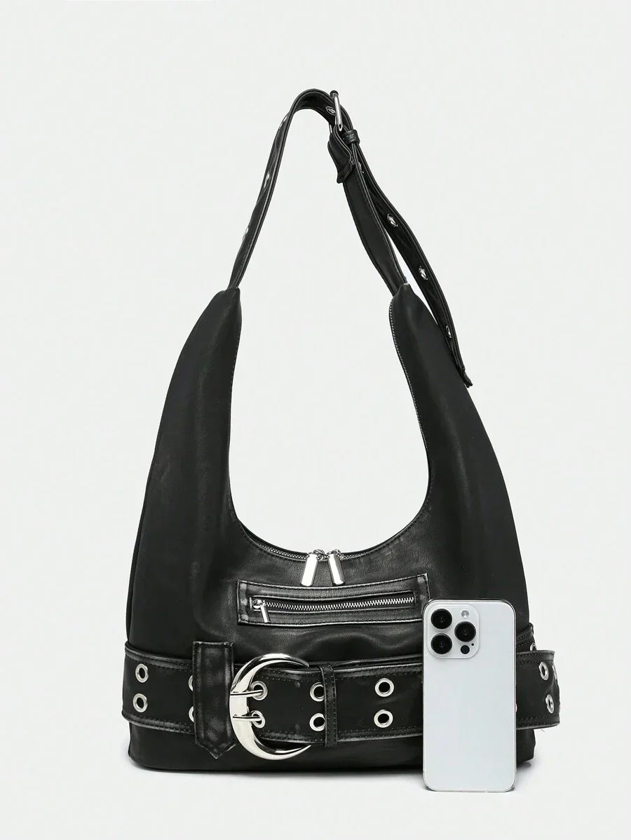 Distressed Buckle Hobo Bag - Luxe Faux Leather Handbag for Everyday Use