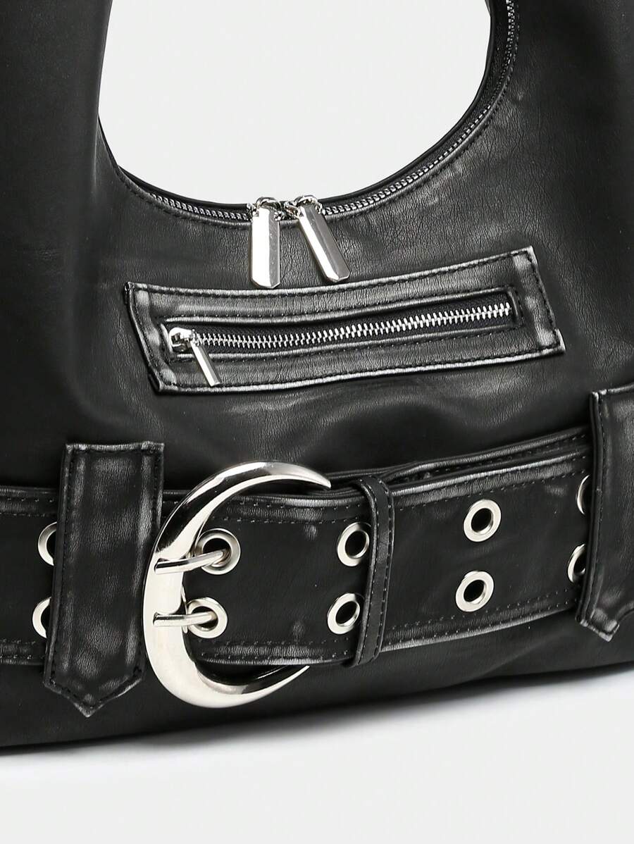 Distressed Buckle Hobo Bag - Luxe Faux Leather Handbag for Everyday Use