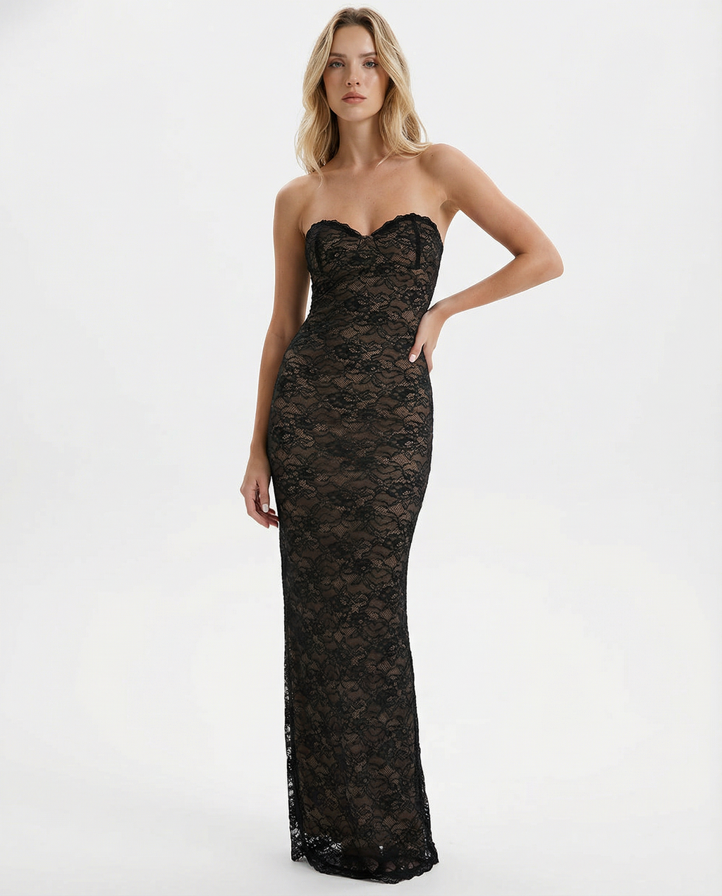 Sheer Floral Lace Maxi Dress with Detachable Sleeves for Evening Wear