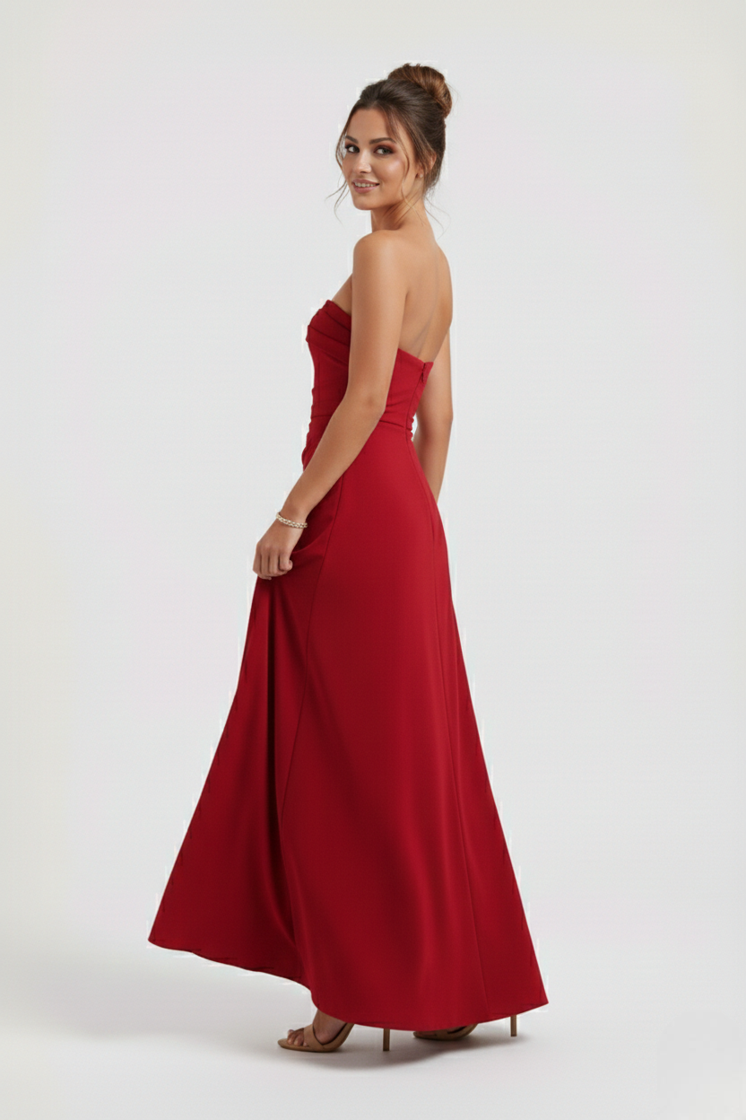 Strapless Ruched Crepe Maxi Dress with Thigh-High Split for Formal Events