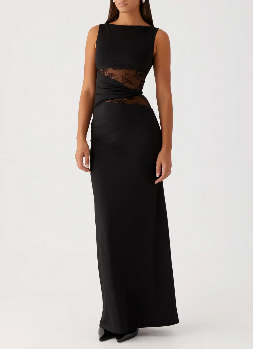 Black Maxi Dress with Lace Cutout Waist - Elegant Evening Wear for Women