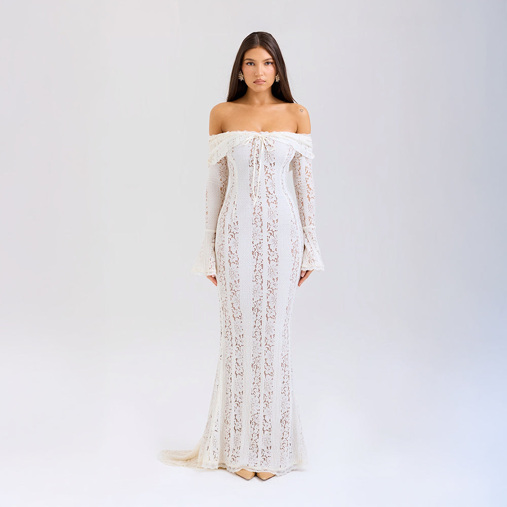 Off-Shoulder Lace Maxi Dress with Bell Sleeves for Formal Events