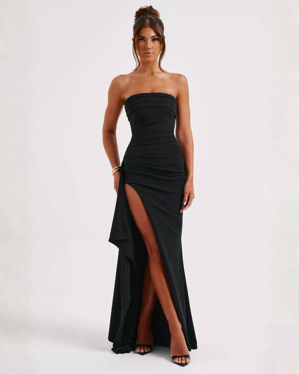 Strapless Ruched Crepe Maxi Dress with Thigh-High Split for Formal Events