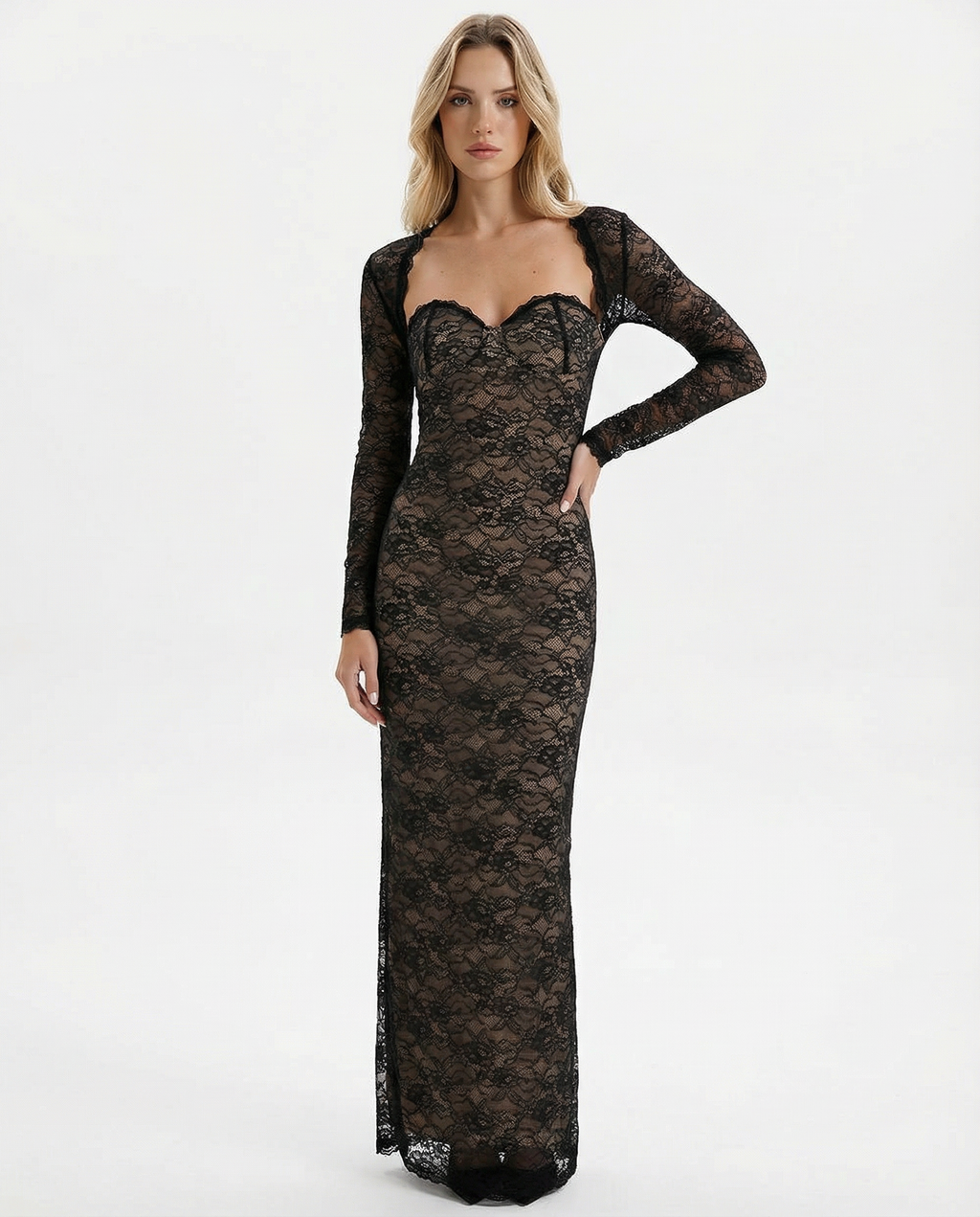 Sheer Floral Lace Maxi Dress with Detachable Sleeves for Evening Wear