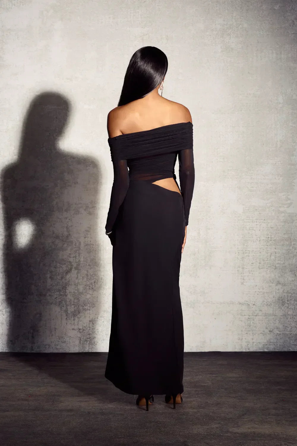 Sheer Mesh Off-Shoulder Cowl Maxi Dress for Evening Events