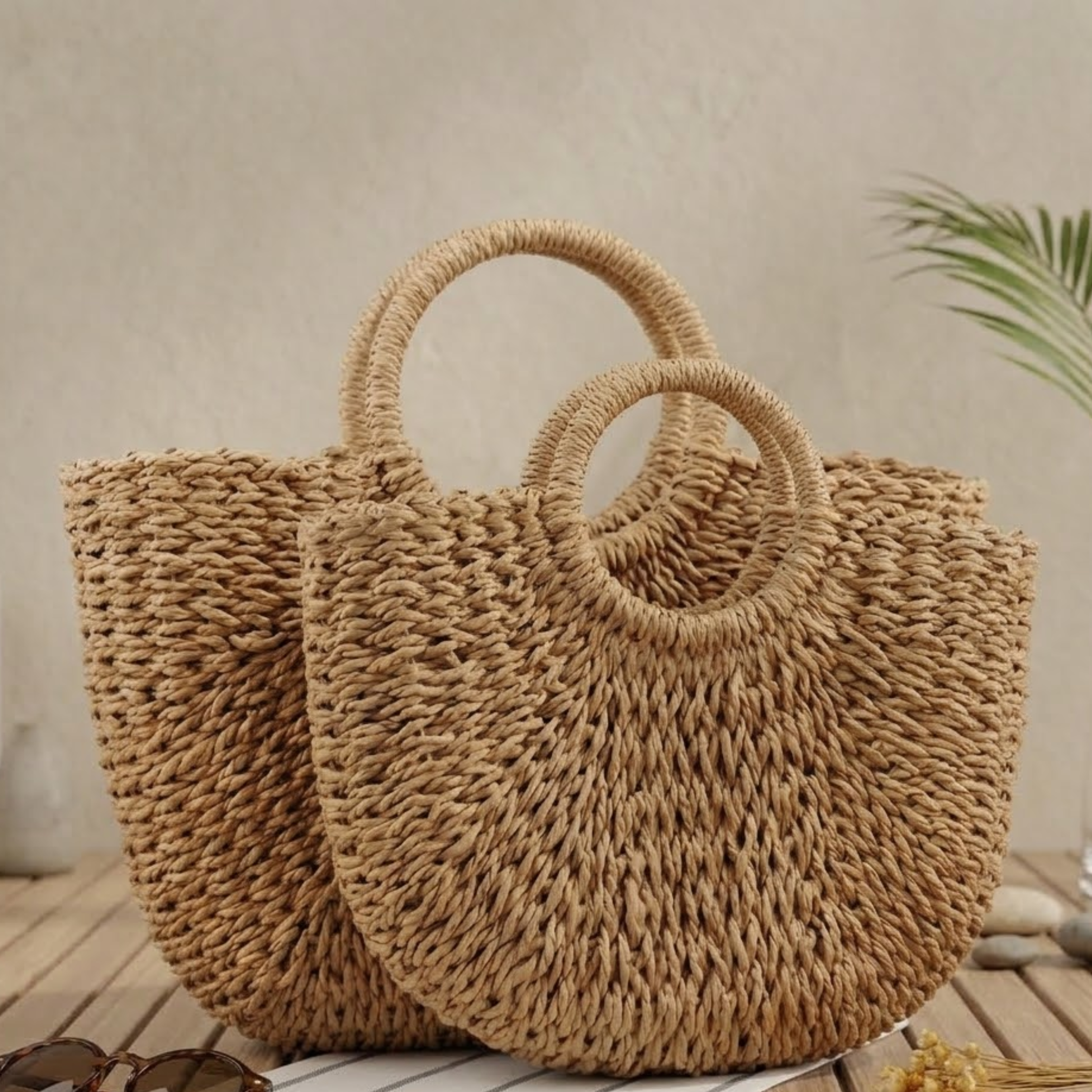 Handmade Moon-Shaped Straw Beach Tote - Eco-Friendly Summer Bag