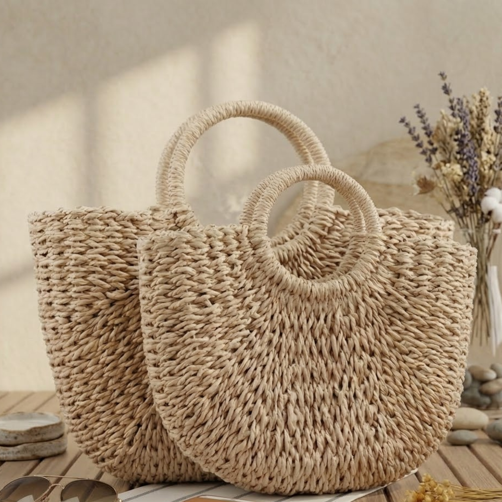 Handmade Moon-Shaped Straw Beach Tote - Eco-Friendly Summer Bag