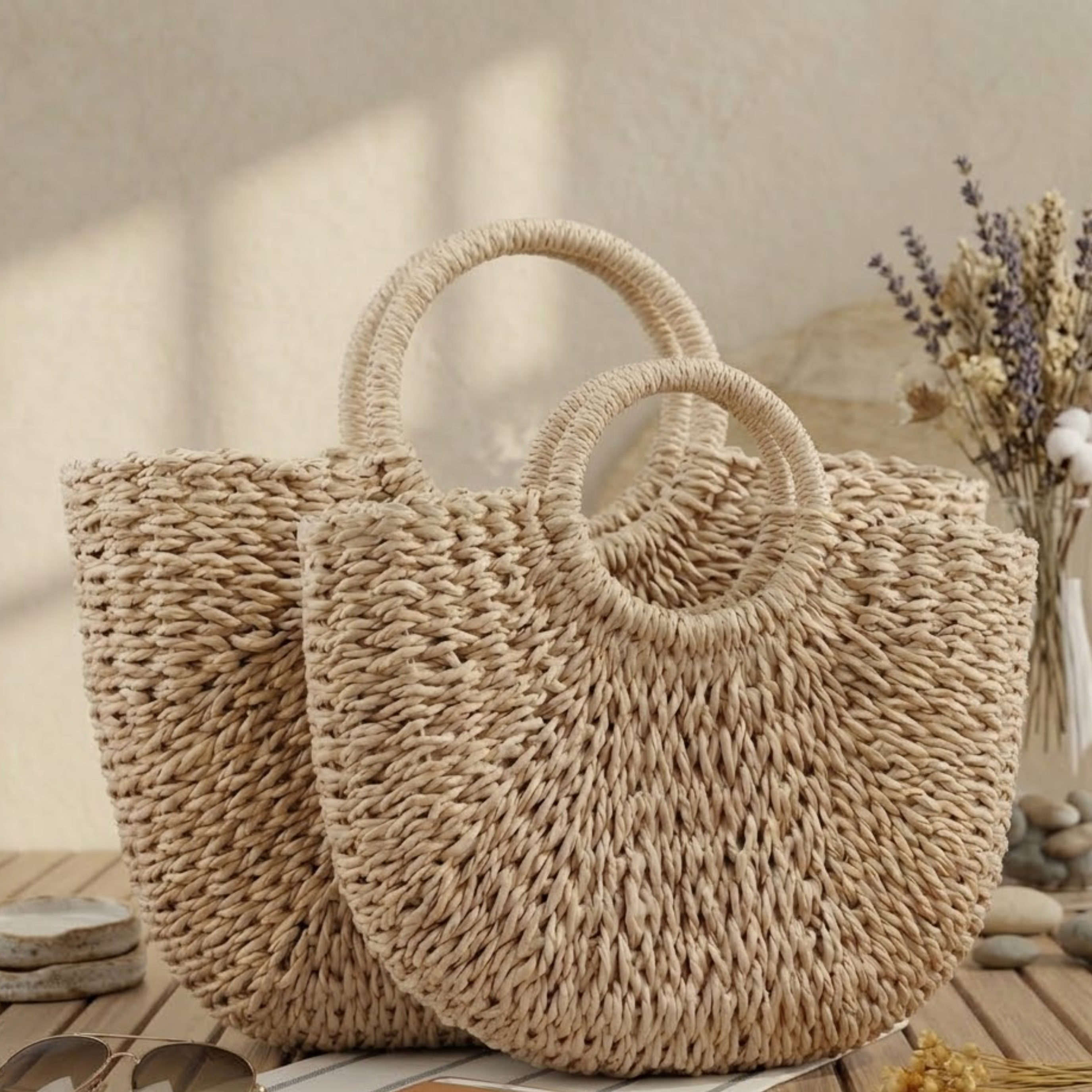 Handmade Moon-Shaped Straw Beach Tote - Eco-Friendly Summer Bag