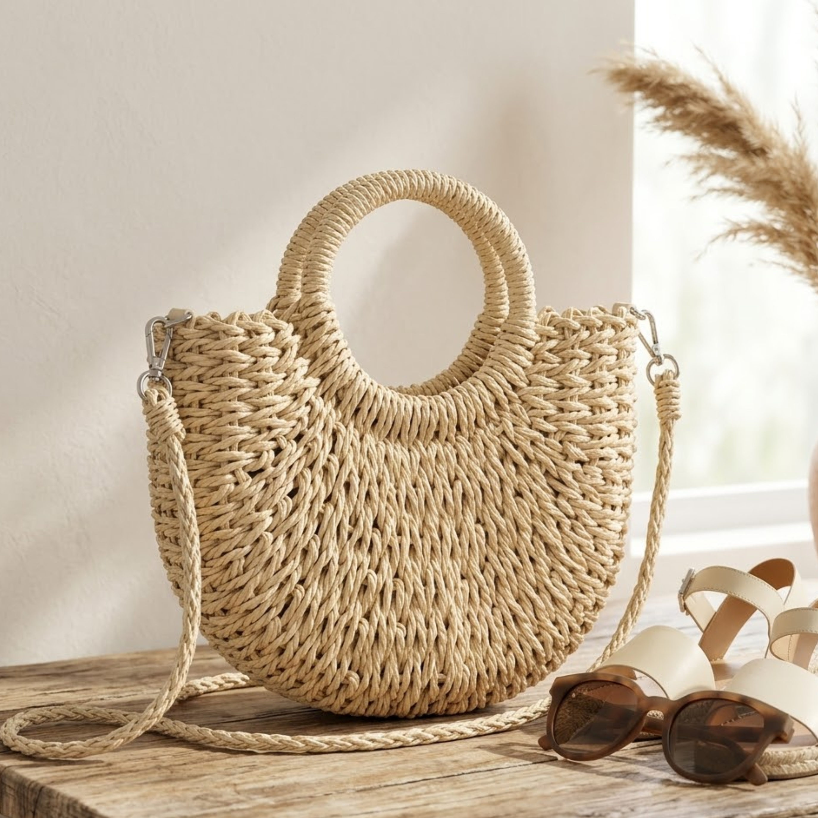 Handmade Moon-Shaped Straw Beach Tote - Eco-Friendly Summer Bag