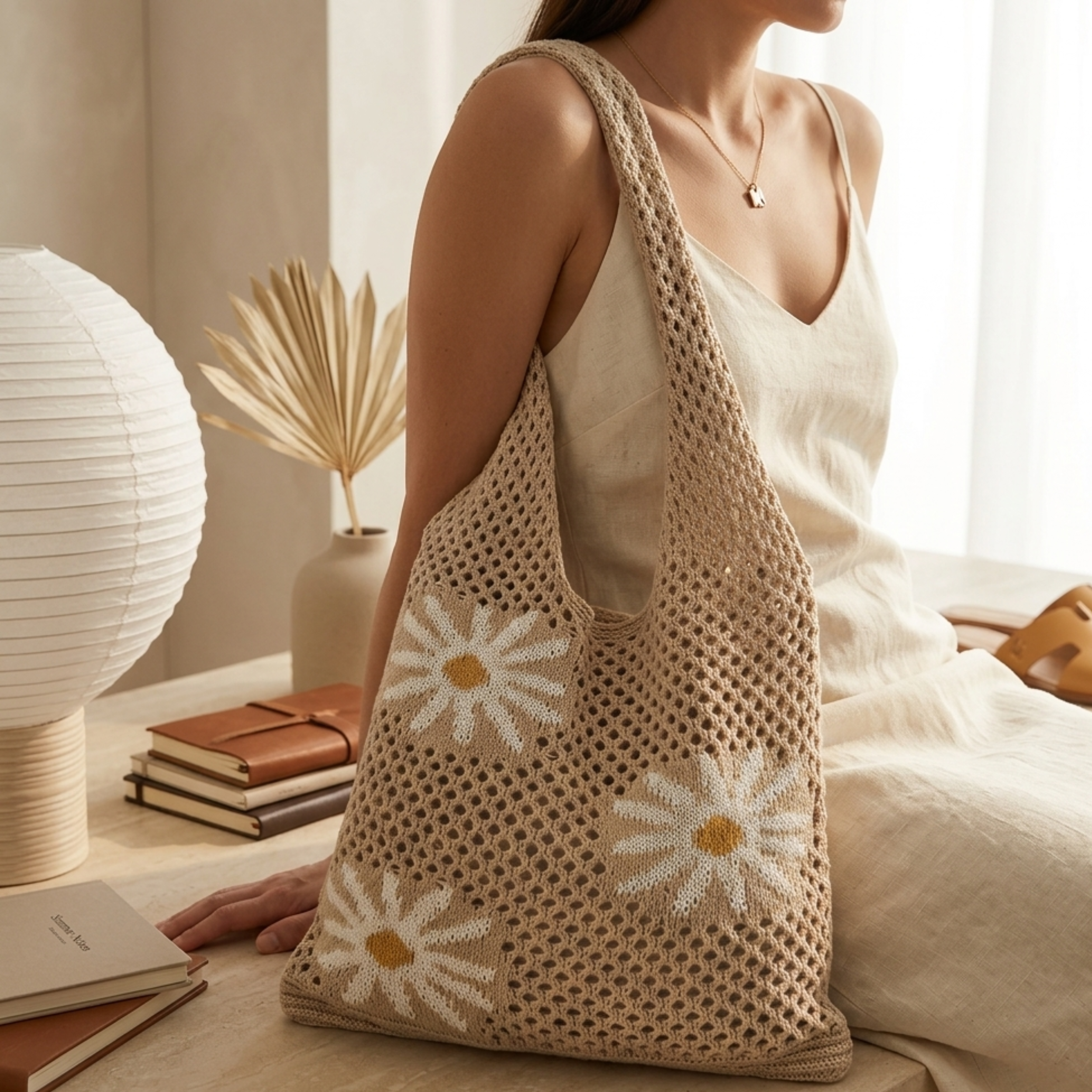 Knitted Tote Bag - Mini Blossom Hollow-Out Design - Sustainable Fashion Accessory