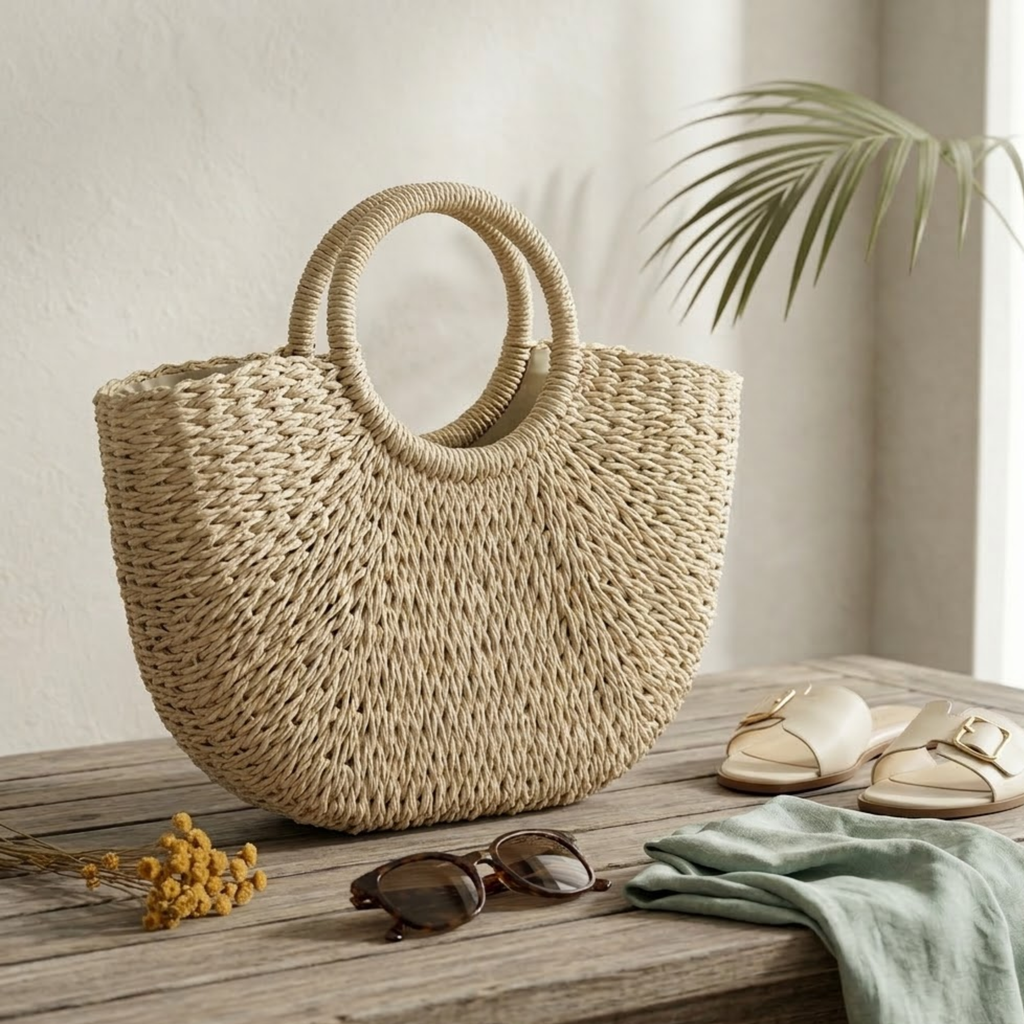 Handmade Moon-Shaped Straw Beach Tote - Eco-Friendly Summer Bag