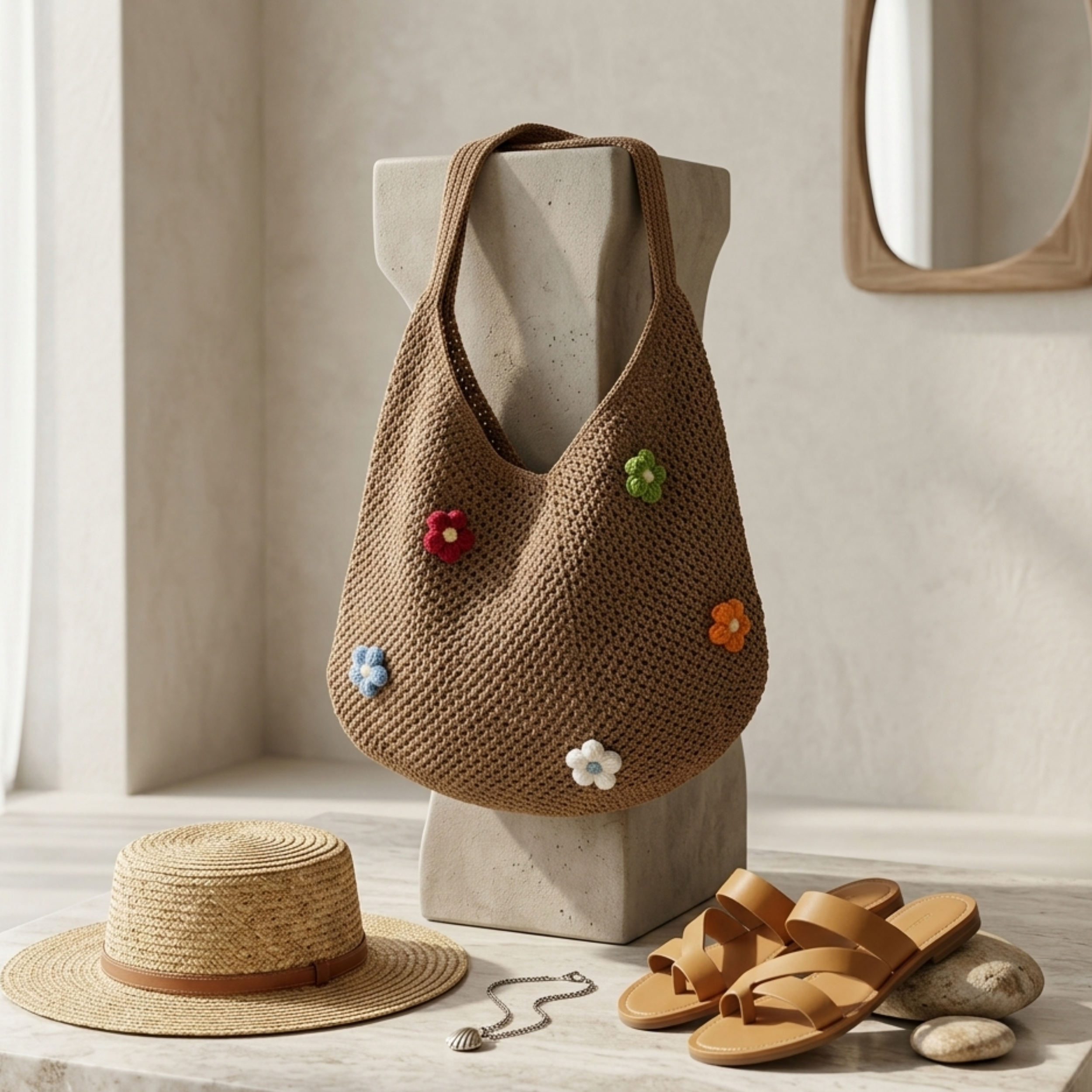 Knitted Tote Bag - Mini Blossom Hollow-Out Design - Sustainable Fashion Accessory