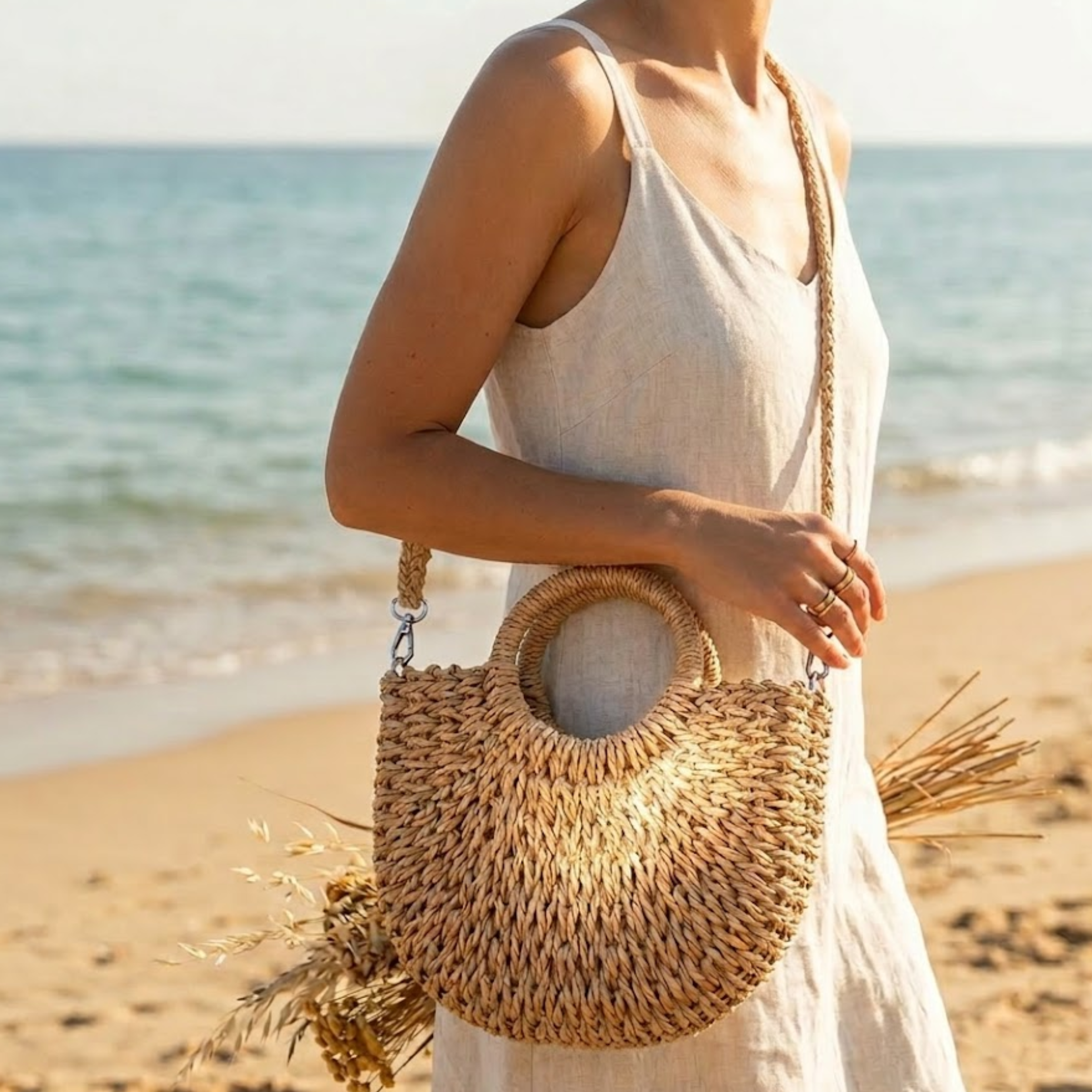 Handmade Moon-Shaped Straw Beach Tote - Eco-Friendly Summer Bag