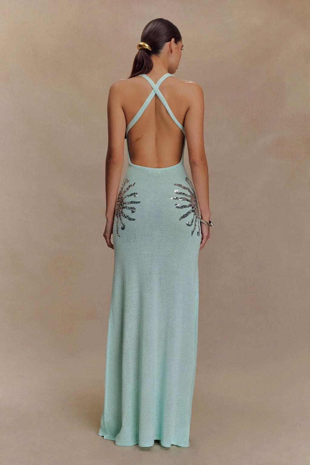 Plunging Open-Back Sequin Maxi Dress with Sunburst Design for Evening Wear