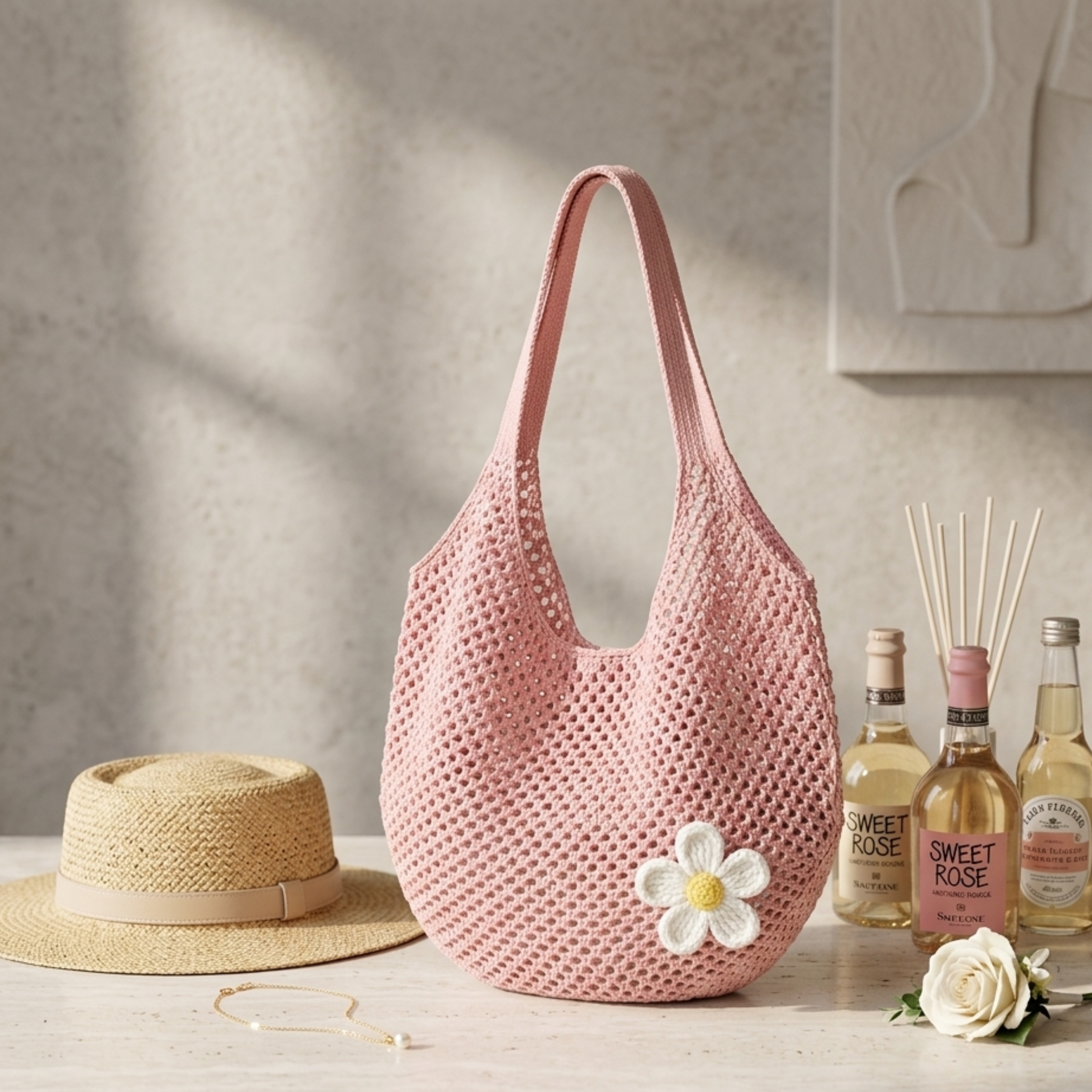 Hollow-Out Knitted Tote Bag - Sustainable Fashion Accessory for Everyday Use