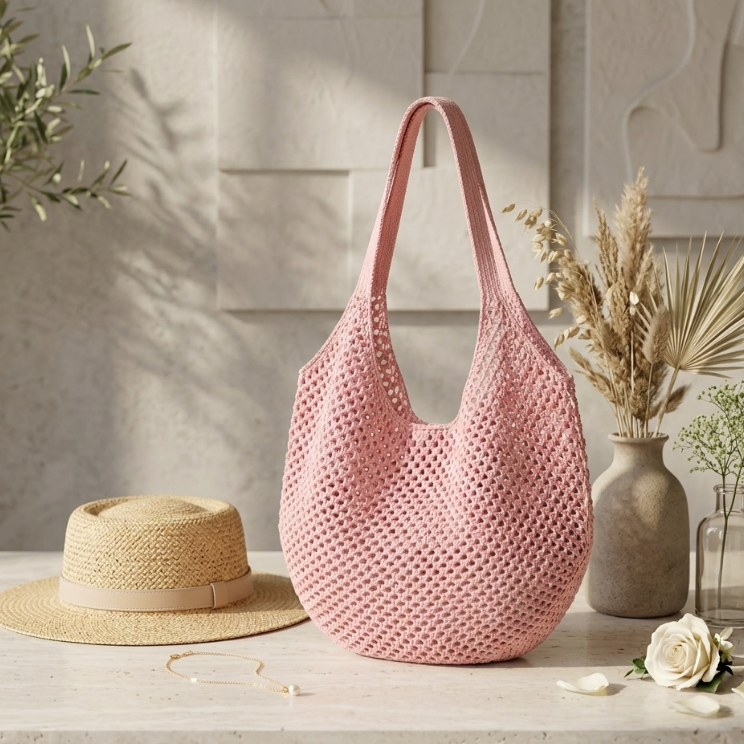 Hollow-Out Knitted Tote Bag - Sustainable Material - Eco-Friendly Fashion Accessory