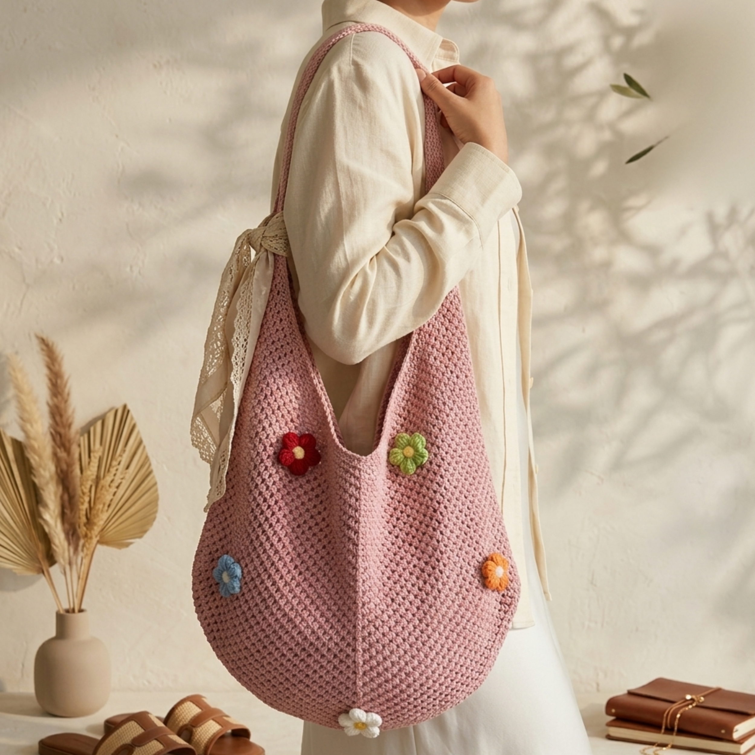 Knitted Tote Bag - Mini Blossom Hollow-Out Design - Sustainable Fashion Accessory