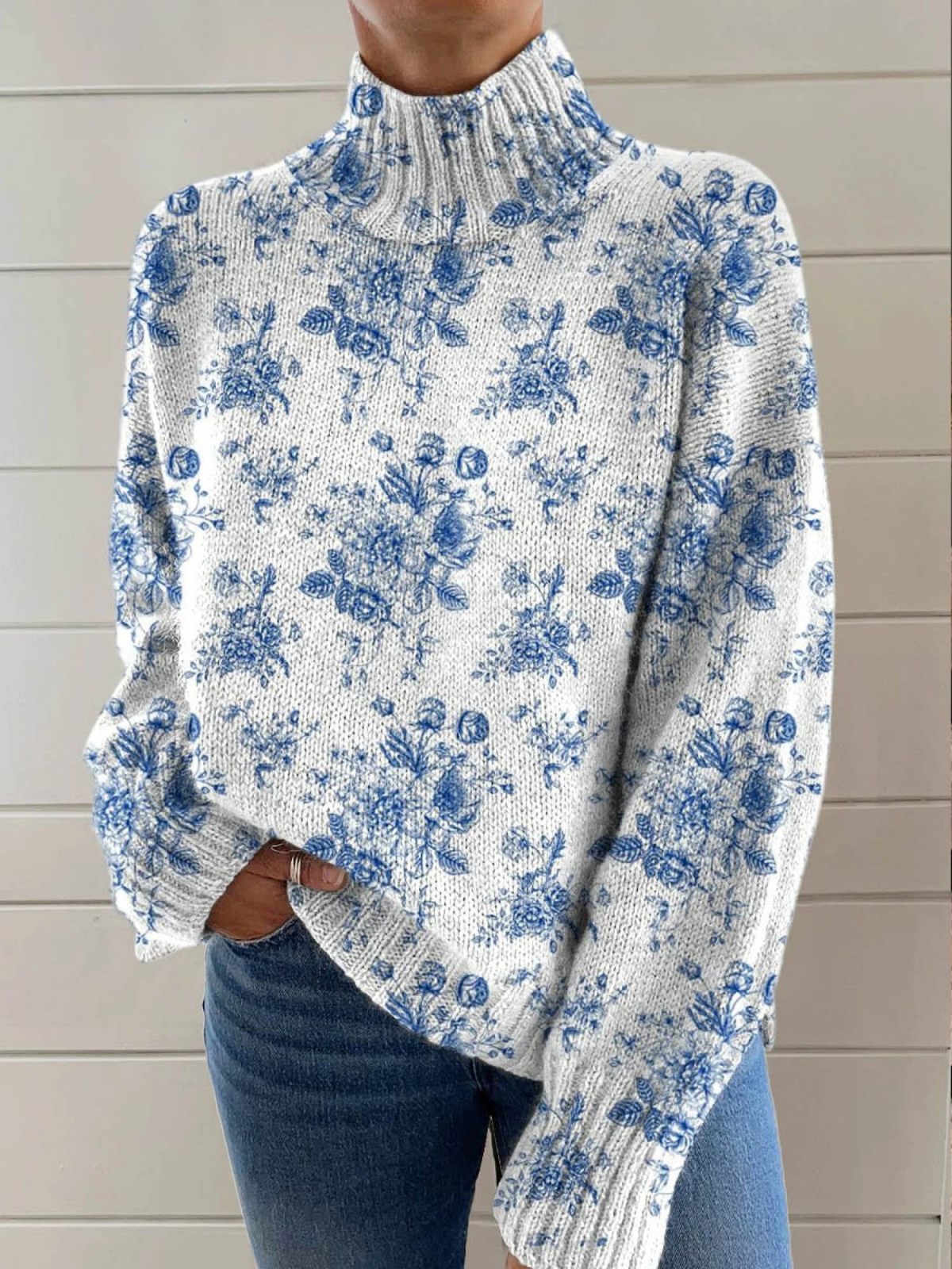 Blue Blossom Turtleneck Sweater