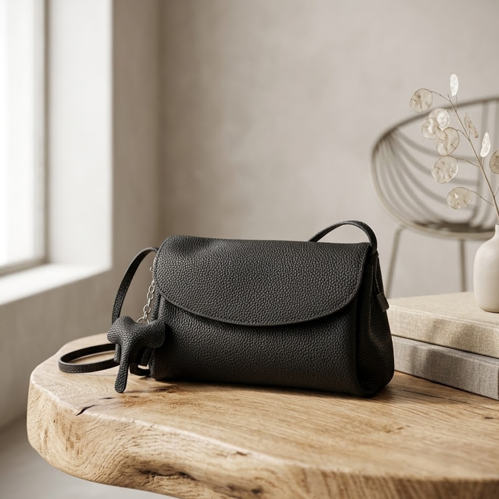 Genuine Leather Crossbody Bag with Mini Elephant Pendant for Everyday Use