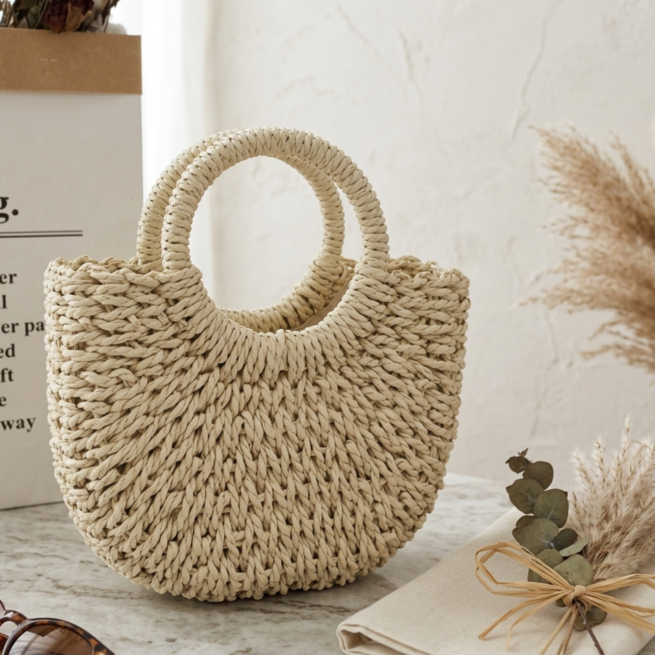 Boho Wicker Half-Circle Tote Handbag - Eco-Friendly Fashion Accessory