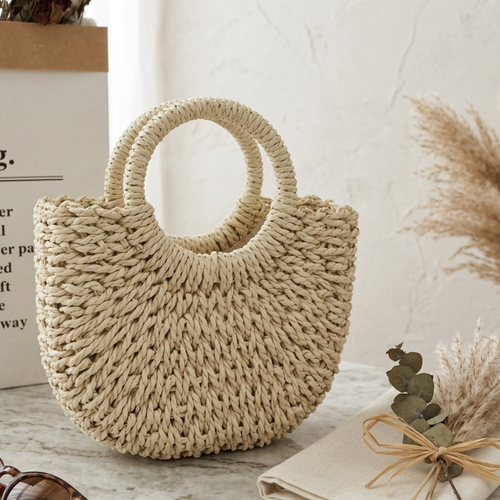 Boho Wicker Half-Circle Tote Handbag - Eco-Friendly Fashion Accessory