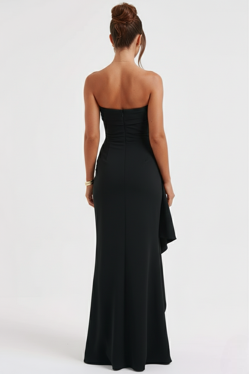 Strapless Ruched Crepe Maxi Dress with Thigh-High Split for Formal Events