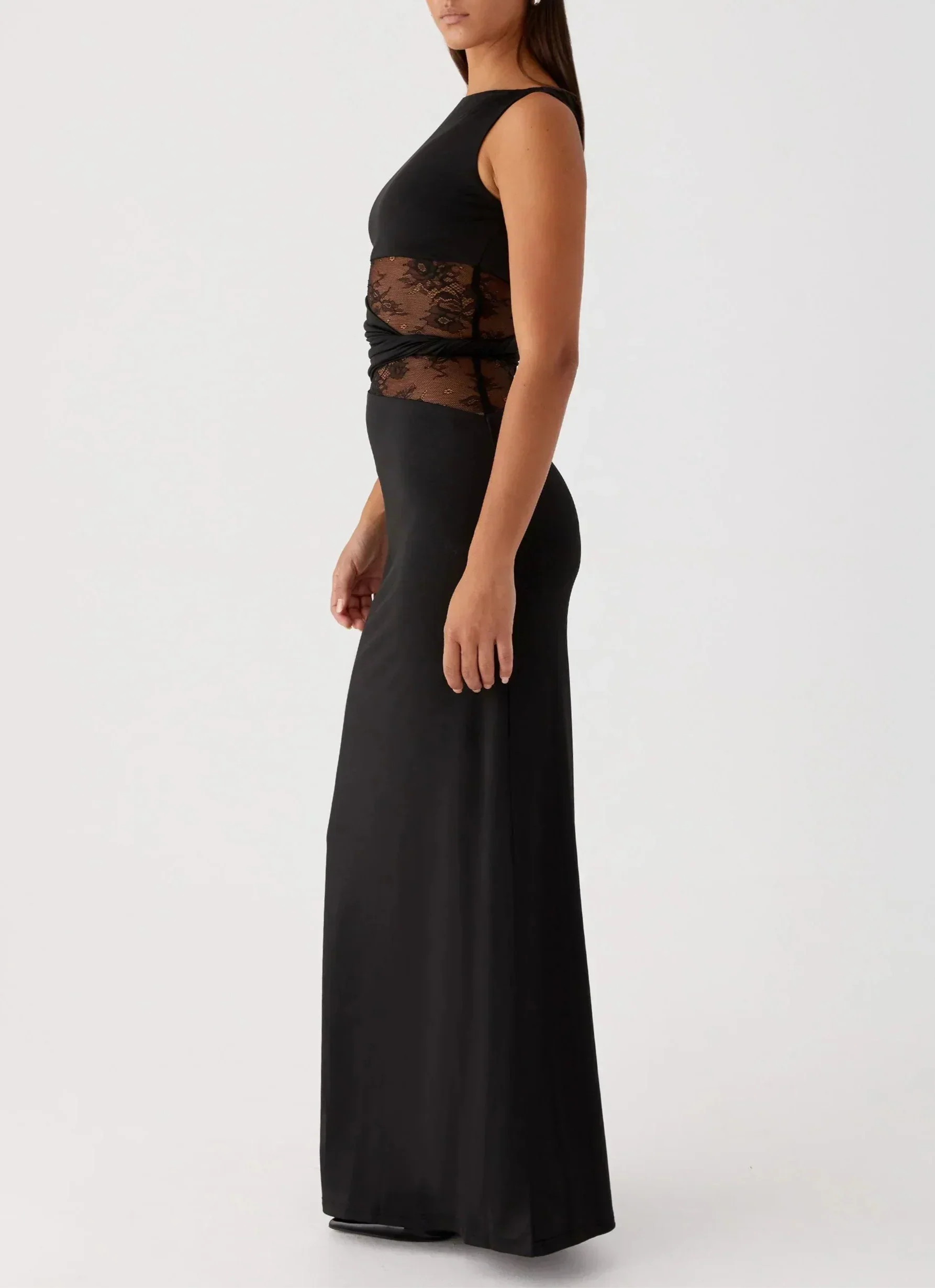 Black Maxi Dress with Lace Cutout Waist - Elegant Evening Wear for Women